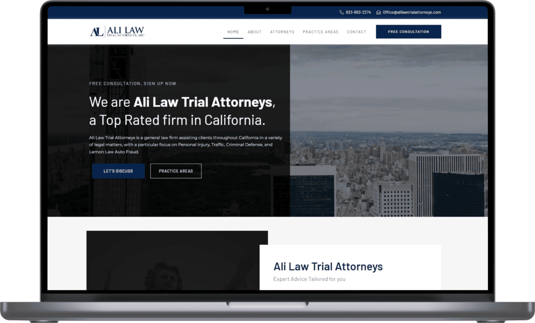 Ali Law Trial Attorneys laptop website mockup
